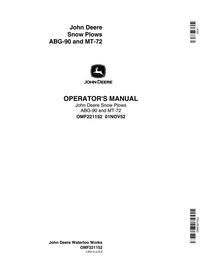 John Deere ABG-90 and MT-72 Snow plow Operator manual OMF221152 — actual manual cover