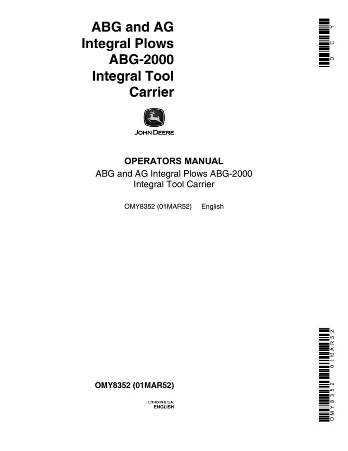 John Deere ABG and AG integral plows; ABG-2000 Plow / tool carrier Operator manual OMY8352 — actual manual cover