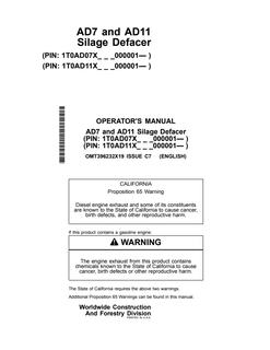 John Deere AD7 and AD11 Silage defacer Operator manual OMT396232X19 — actual manual cover