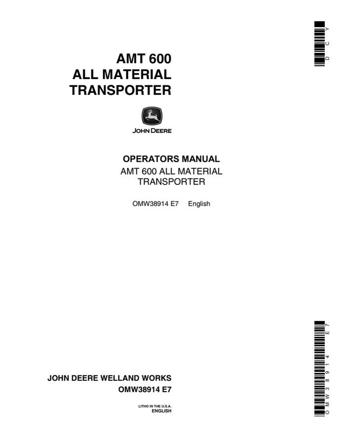 John Deere AMT 600 All material transporter Operator manual OMW38914 — actual manual cover