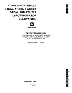 John Deere AT400A 4-row, AT600A 6-row, AT800A 8-row, AT830A 8-row, AT1230A 12-row Row-crop cultivator Operator manual OMN159123 — actual manual cover
