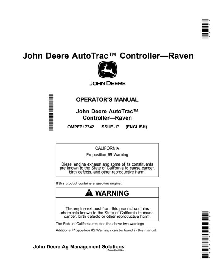 John Deere AutoTrac Controller-Raven Guidance controller Operator manual OMPFP17742 — actual manual cover