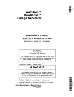 John Deere AutoTrac RowSense Forage Harvester Guidance system Operator manual OMPFP10199 — actual manual cover