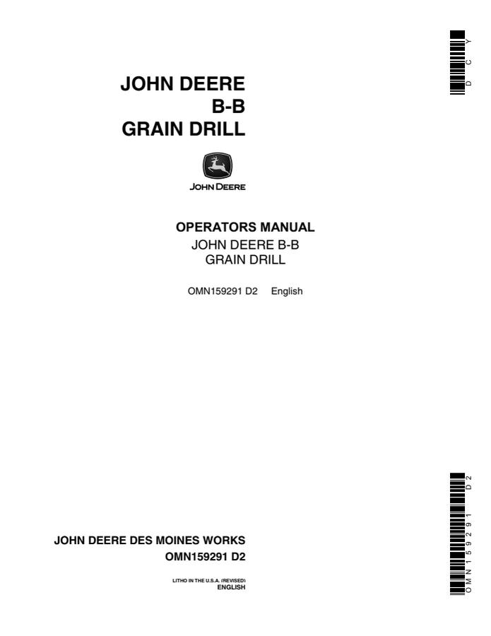 John Deere B-B Grain drill Operator manual OMN159291 — actual manual cover