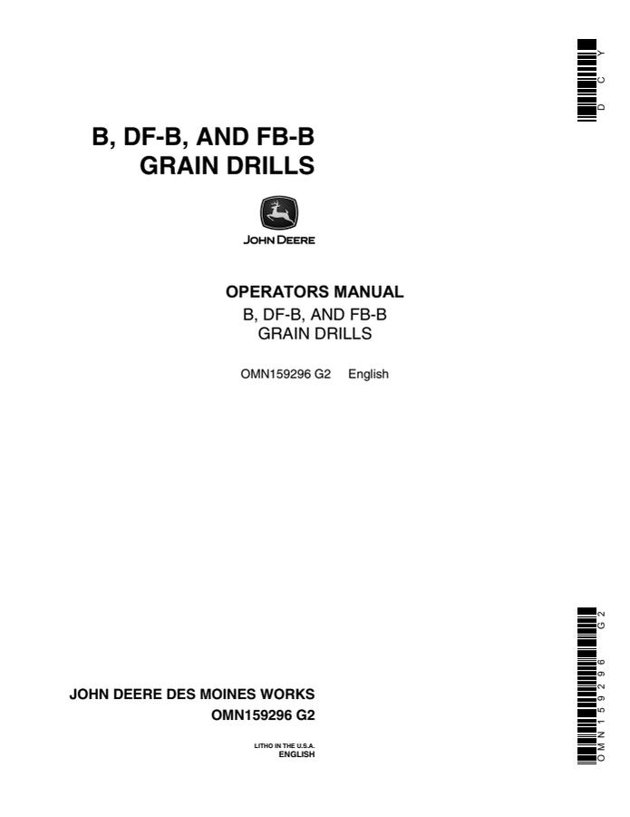 John Deere B, DF-B, FB-B Grain drill Operator's manual OMN159296 — actual manual cover