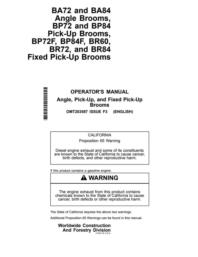 John Deere BA72, BA84, BP72, BP84, BP72F, BP84F, BR60, BR72 and BR84 Broom Operator manual OMT203587 — actual manual cover