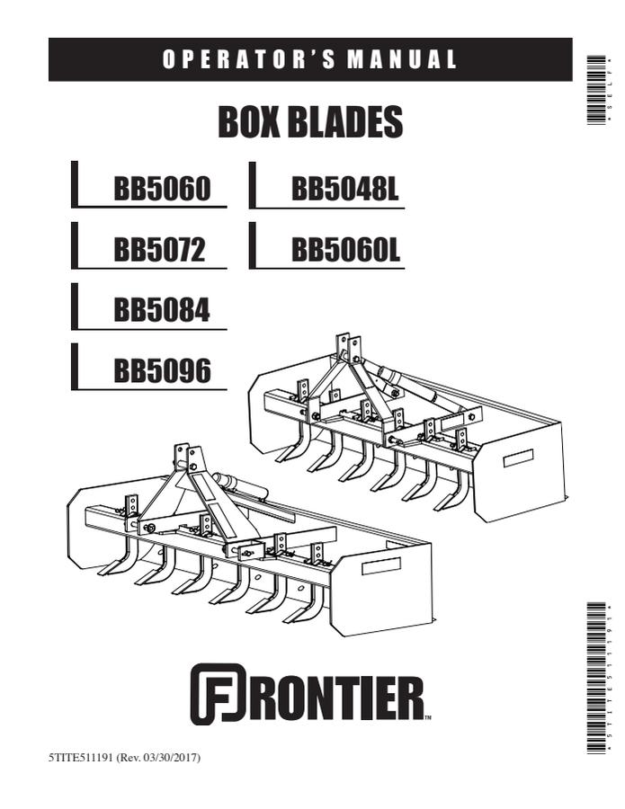 John Deere BB5048L; BB5060; BB5060L; BB5072; BB5084; BB5096 Box blade Operator manual 5TITE511191 — actual manual cover