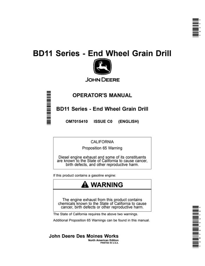 John Deere BD11 Series Grain drill Operator manual OM7015410 — actual manual cover