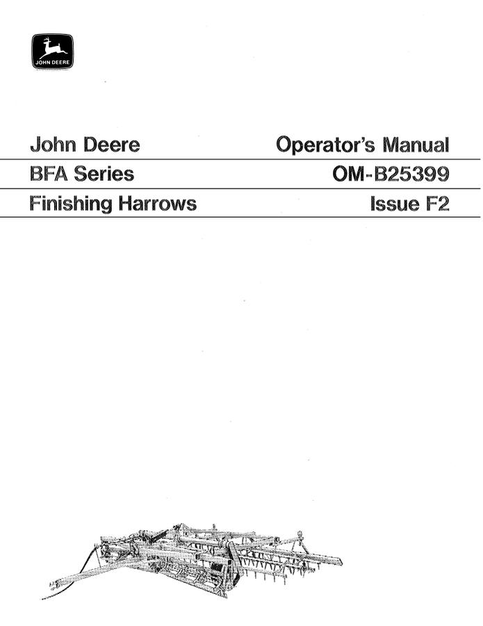 John Deere BFA Series Finishing harrow Operator manual OM-B25399 — actual manual cover