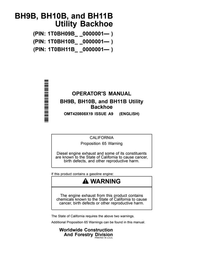 John Deere BH9B, BH10B and BH11B Backhoe Operator manual OMT420808X19 — actual manual cover