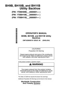 John Deere BH9B, BH10B and BH11B Backhoe Operator manual OMT420808X19 — actual manual cover