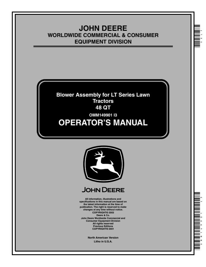 John Deere Blower Assembly for LT Series Lawn Tractors; 48 QT Blower assembly Operator manual OMM149901 — actual manual cover