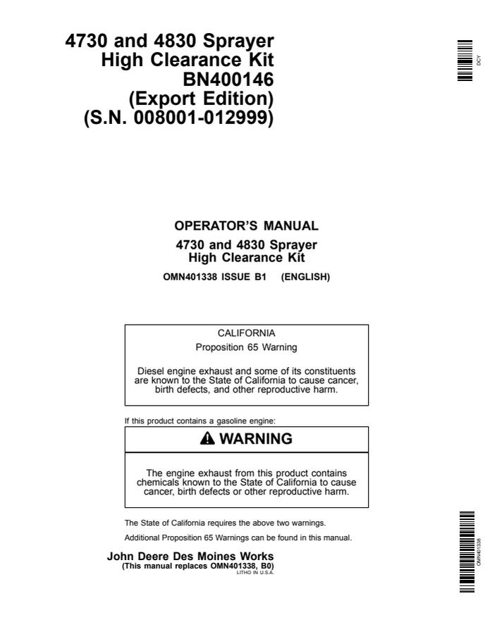 John Deere BN400146 Sprayer high-clearance kit Installation instructions OMN401338 — actual manual cover