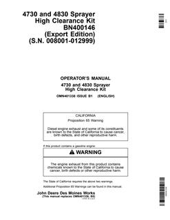 John Deere BN400146 Sprayer high-clearance kit Installation instructions OMN401338 — actual manual cover