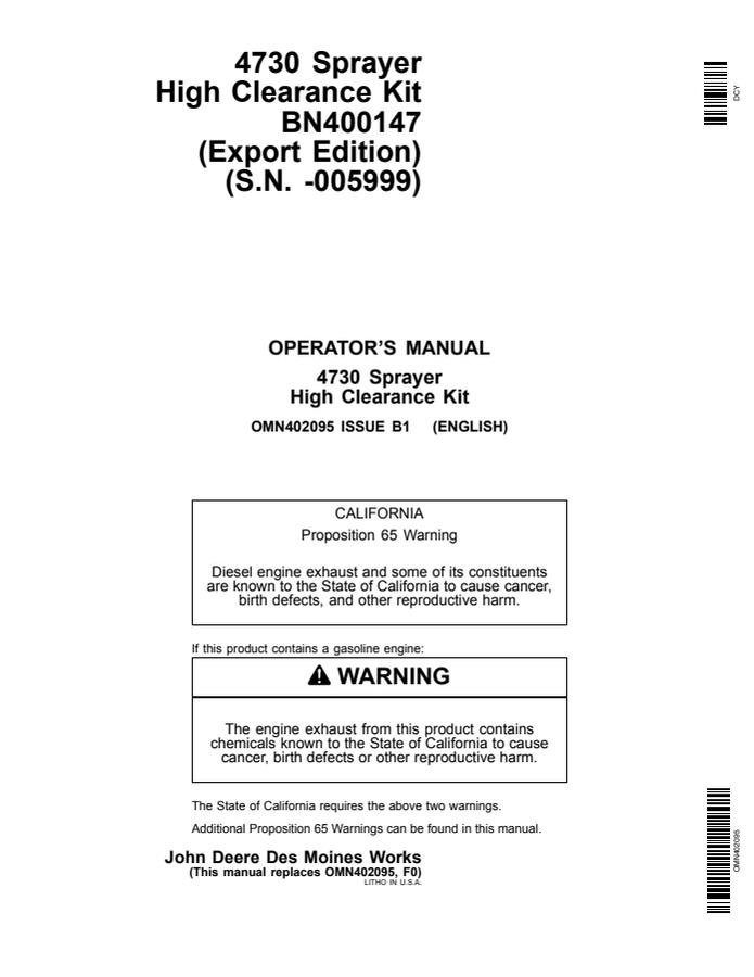 John Deere BN400147 Sprayer high-clearance kit Installation instructions OMN402095 — actual manual cover