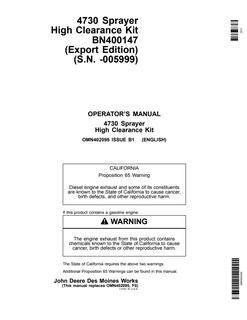 John Deere BN400147 Sprayer high-clearance kit Installation instructions OMN402095 — actual manual cover