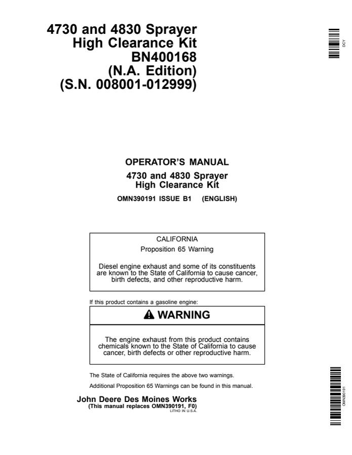 John Deere BN400168 Sprayer high-clearance kit Installation instructions OMN390191 — actual manual cover
