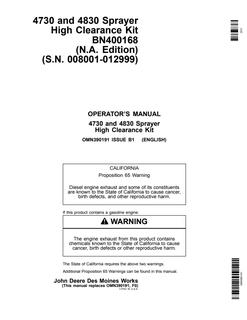 John Deere BN400168 Sprayer high-clearance kit Installation instructions OMN390191 — actual manual cover