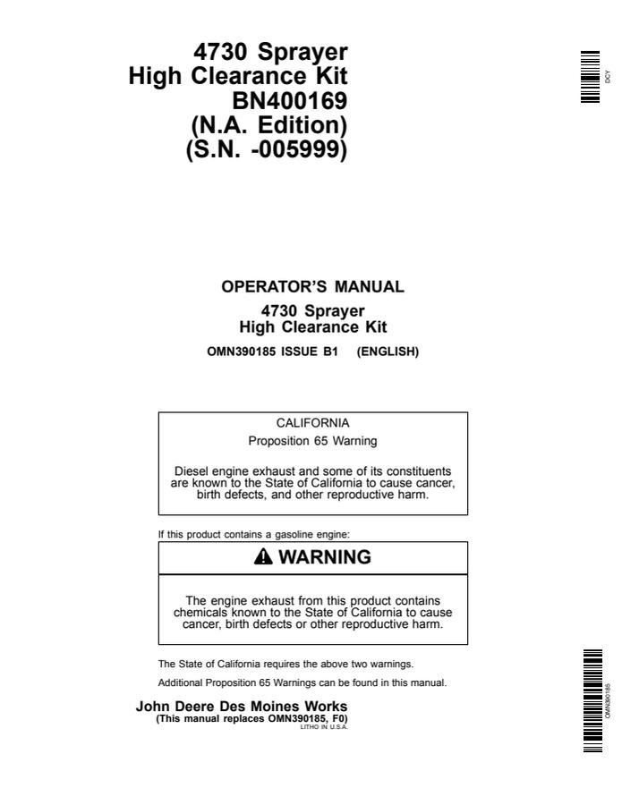 John Deere BN400169 Sprayer high-clearance kit Installation instructions OMN390185 — actual manual cover