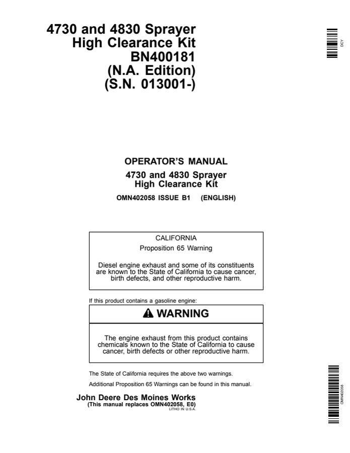 John Deere BN400181 Sprayer high-clearance kit Installation instructions OMN402058 — actual manual cover