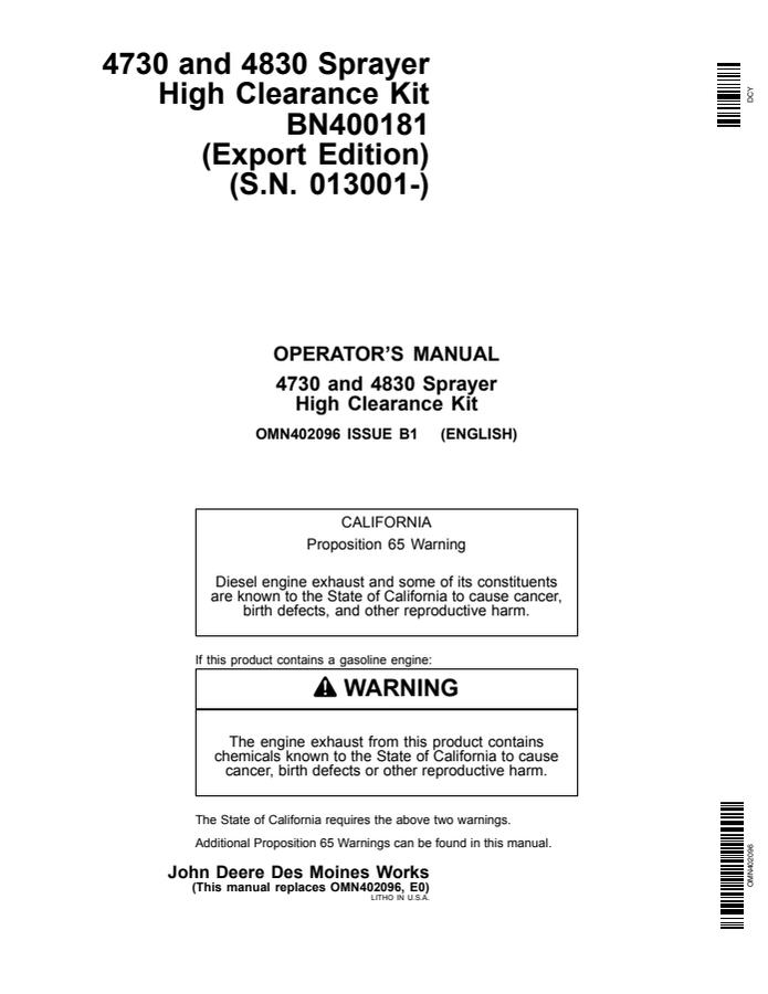 John Deere BN400181 Sprayer high-clearance kit Installation instructions OMN402096 — actual manual cover