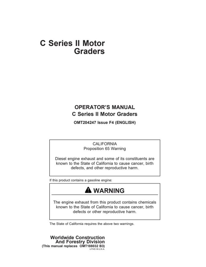 John Deere C Series II Motor grader Operator manual OMT204247 — actual manual cover