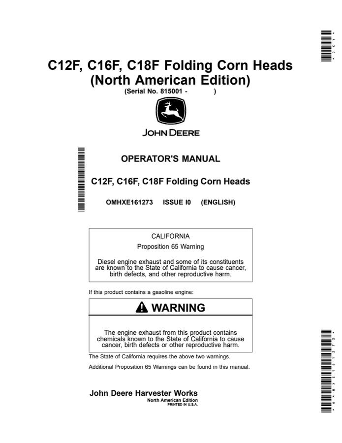 John Deere C12F, C16F and C18F Corn head Operator manual OMHXE161273 — actual manual cover