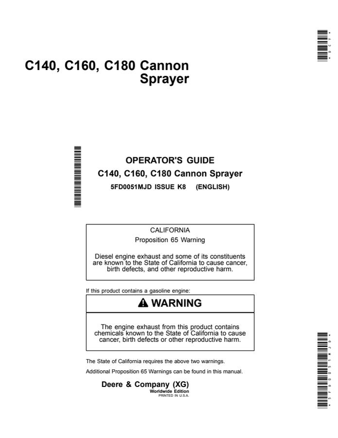 John Deere C140, C160 and C180 Sprayer Operator guide 5FD0051MJD — actual manual cover