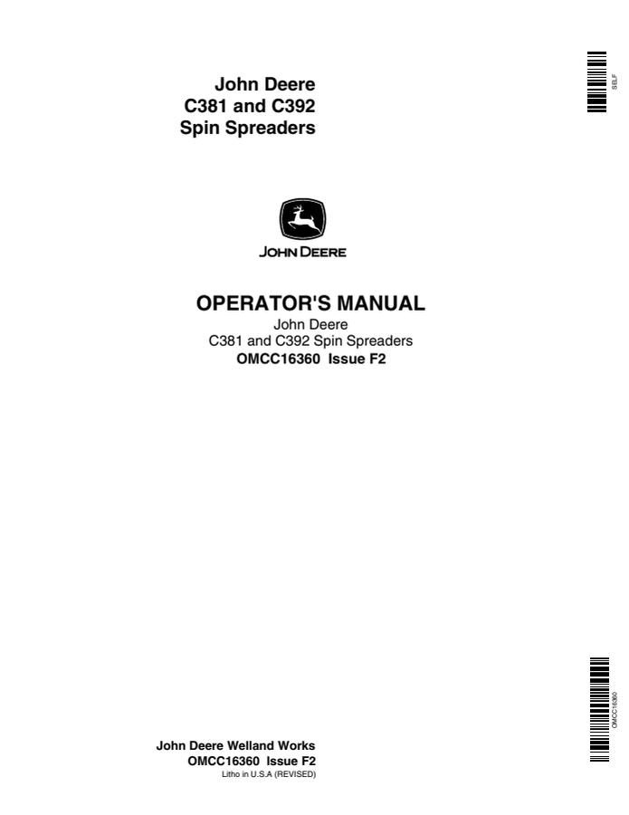 John Deere C381 and C392 Spreader Operator manual OMCC16360 — actual manual cover