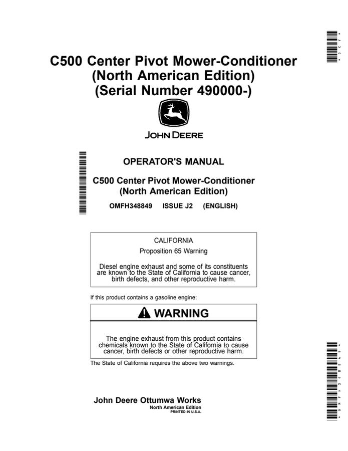 John Deere C500 Mower-conditioner Operator manual OMFH348849 — actual manual cover