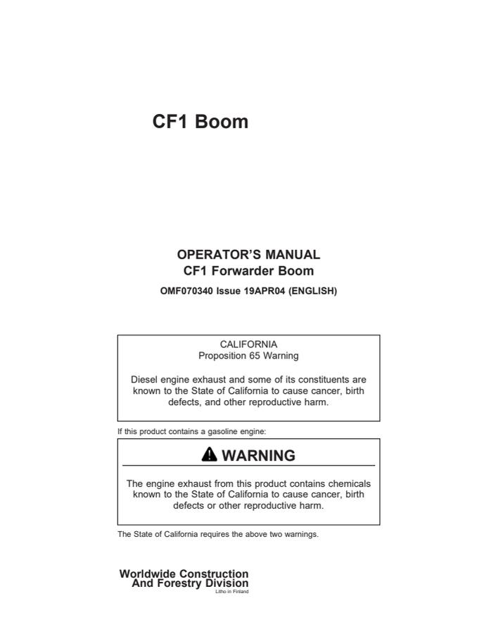 John Deere CF1 Forwarder boom Operator manual OMF070340 — actual manual cover