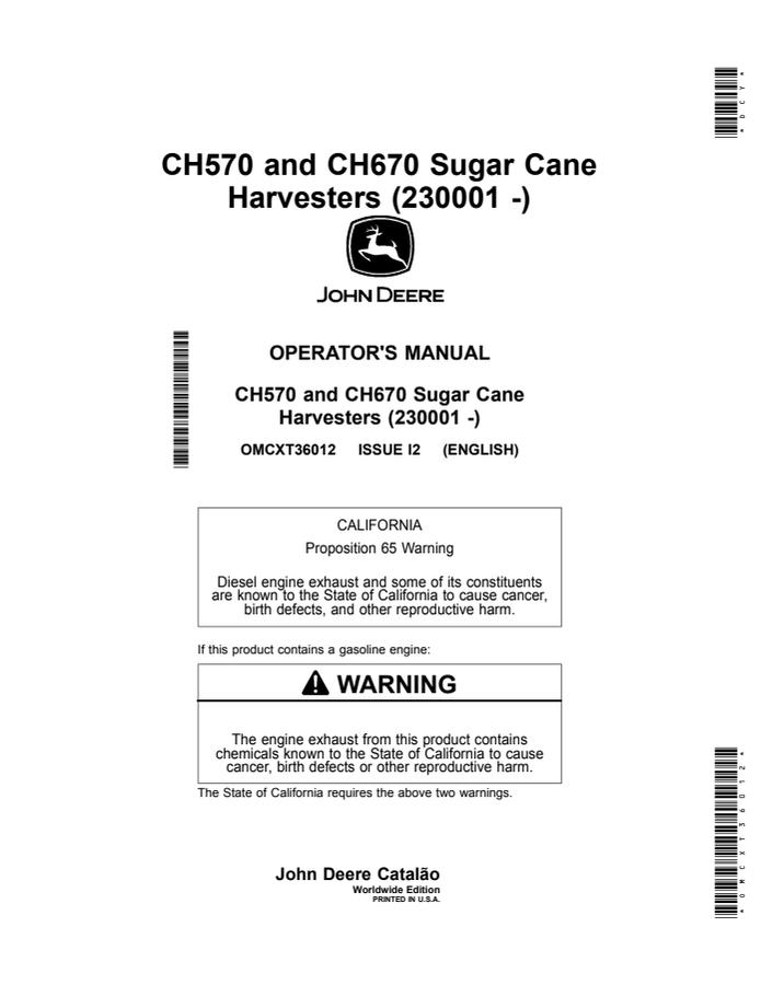 John Deere CH570 and CH670 Sugar cane harvester Operator manual OMCXT36012 — actual manual cover