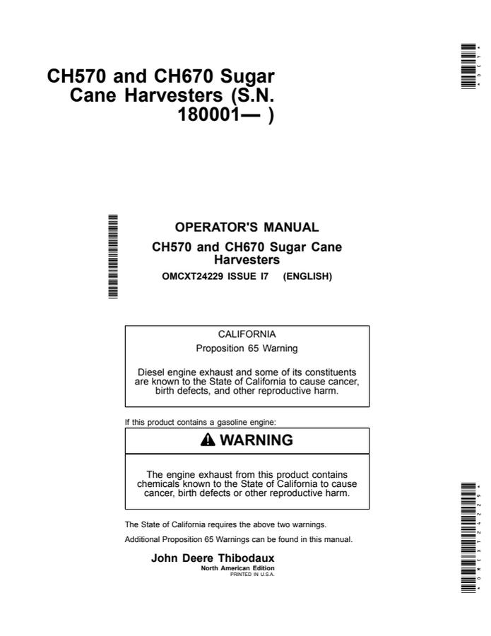 John Deere CH570 and CH670 Sugar Cane Harvesters Operator manual — actual manual cover