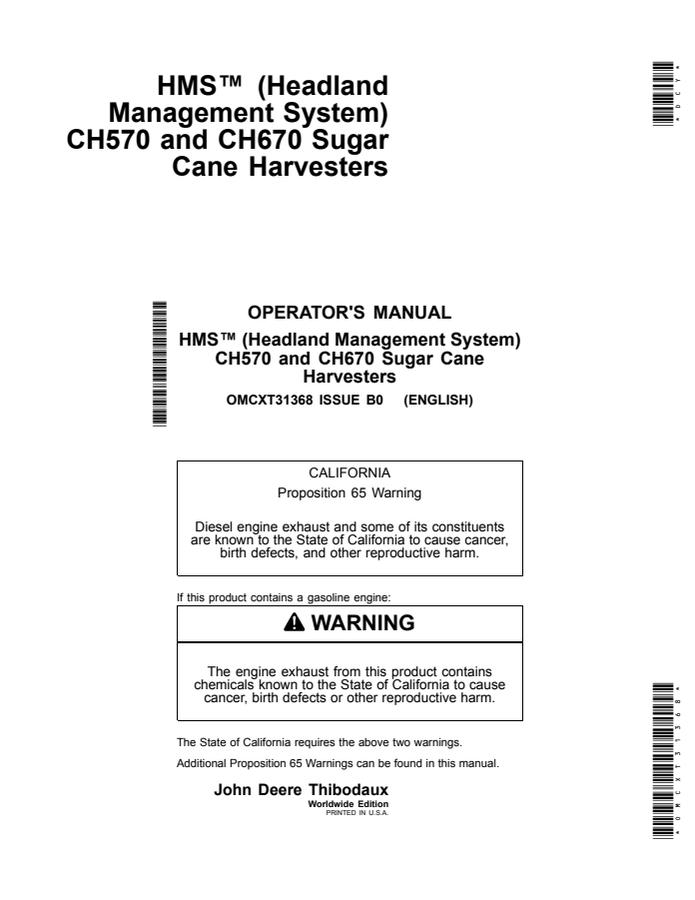 John Deere CH570; CH670 Sugar cane harvester Operator manual OMCXT31368 — actual manual cover