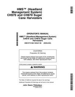 John Deere CH570; CH670 Sugar cane harvester Operator manual OMCXT31368 — actual manual cover