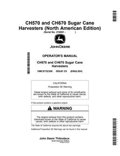 John Deere CH570, CH670 Sugar cane harvester Operator manual OMCXT32358 — actual manual cover