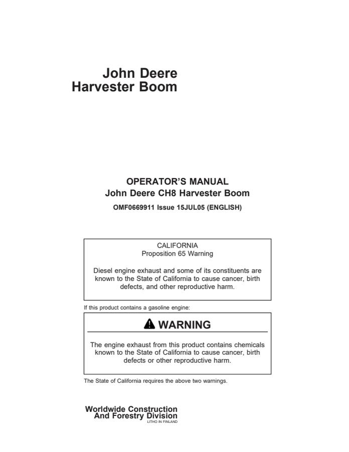 John Deere CH8 Harvester boom Operator manual OMF0669911 — actual manual cover