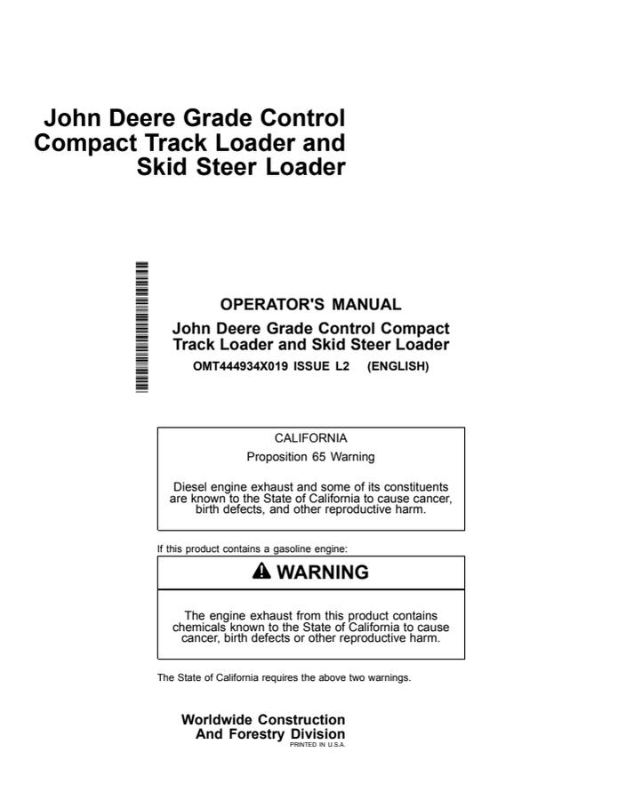 John Deere Compact track loader; skid steer loader Grade control system Operator manual OMT444934X019 — actual manual cover