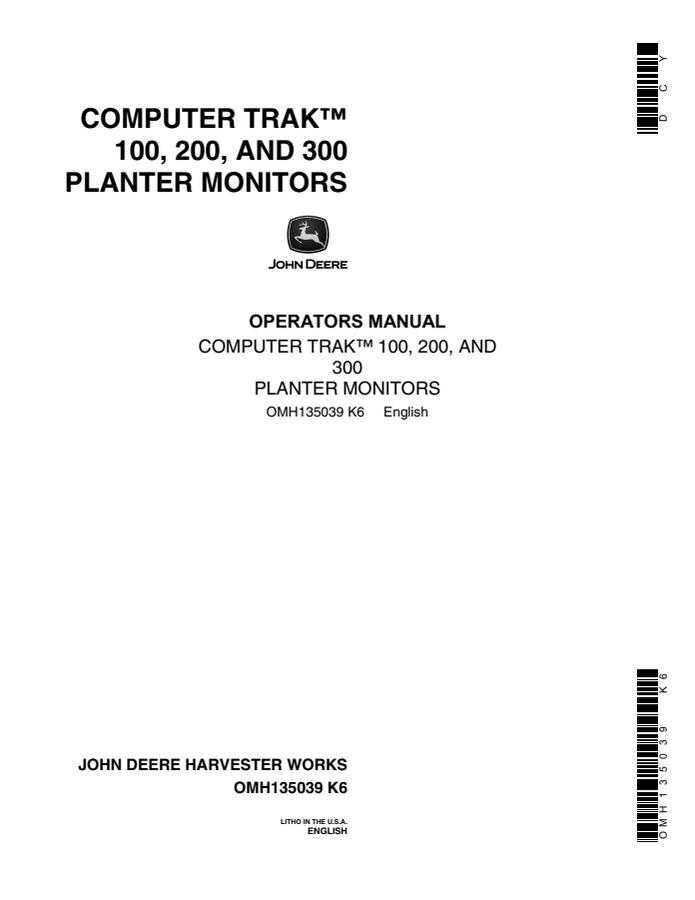 John Deere ComputerTrak 100, 200, 300 Planter monitor Operator's manual OMH135039 — actual manual cover