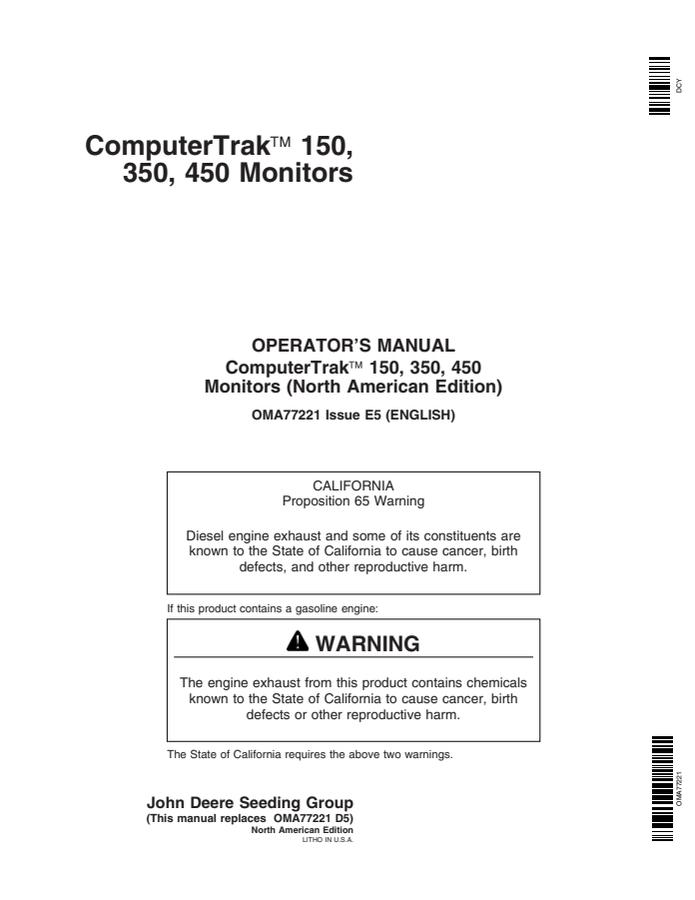 John Deere ComputerTrak 150, 350 and 450 Planter monitor Operator manual OMA77221 — actual manual cover