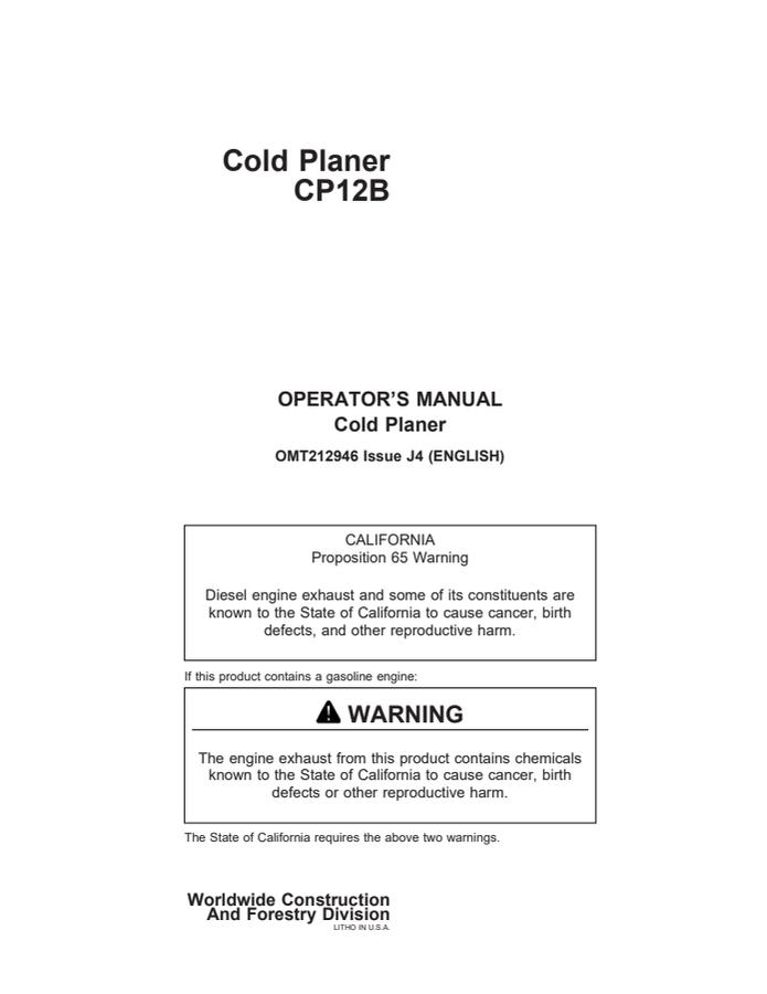 John Deere CP12B Cold planer Operator manual OMT212946 — actual manual cover
