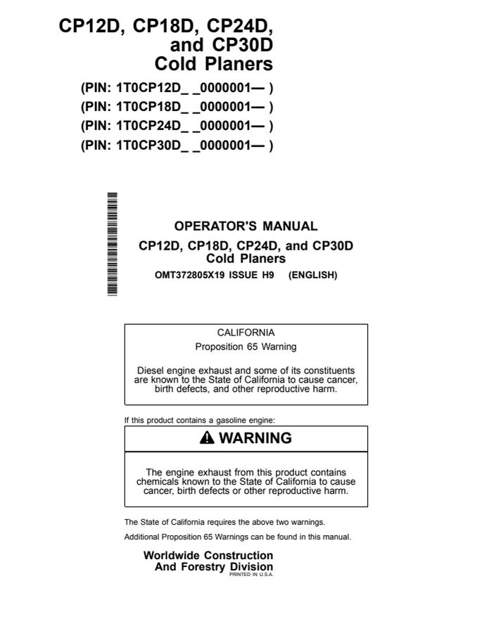 John Deere CP12D, CP18D, CP24D and CP30D Cold planer Operator manual OMT372805X19 — actual manual cover