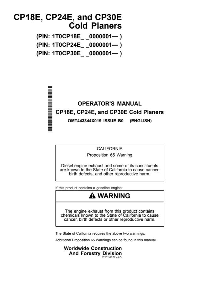 John Deere CP18E, CP24E and CP30E Cold planer Operator manual OMT443344X019 — actual manual cover