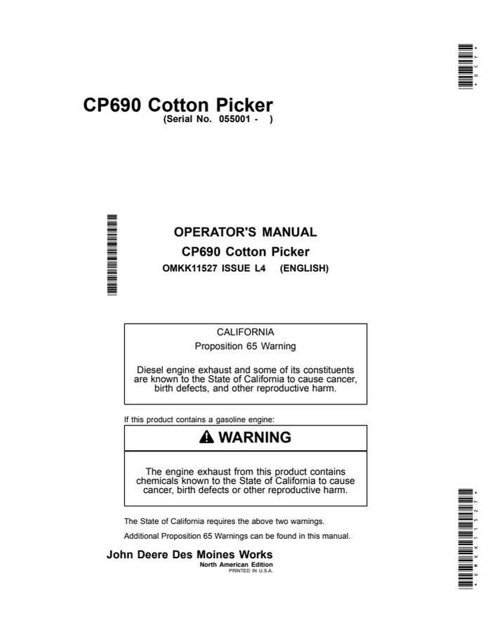 John Deere CP690 Cotton picker Operator manual OMKK11527 — actual manual cover