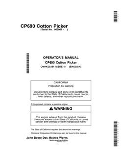 John Deere CP690 Cotton picker Operator manual OMKK29381 — actual manual cover