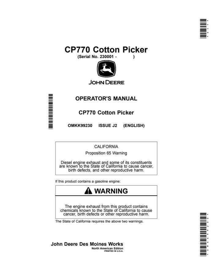 John Deere CP770 Cotton picker Operator manual OMKK99230 — actual manual cover