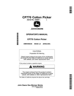 John Deere CP770 Cotton picker Operator manual OMKK99230 — actual manual cover