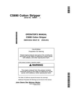 John Deere CS690 Cotton stripper Operator manual OMKK33834 — actual manual cover