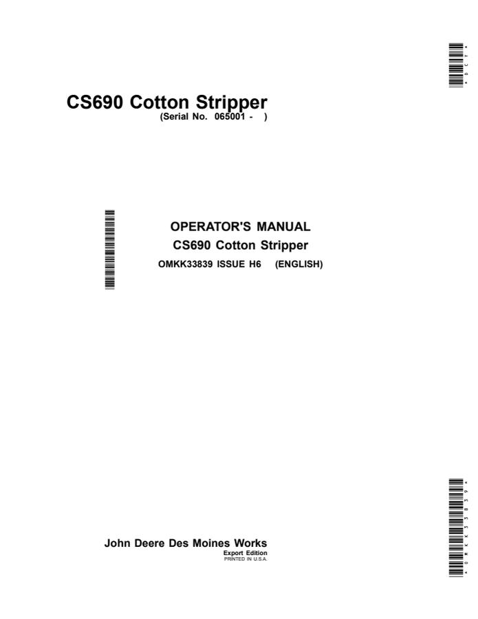 John Deere CS690 Cotton stripper Operator manual OMKK33839 — actual manual cover
