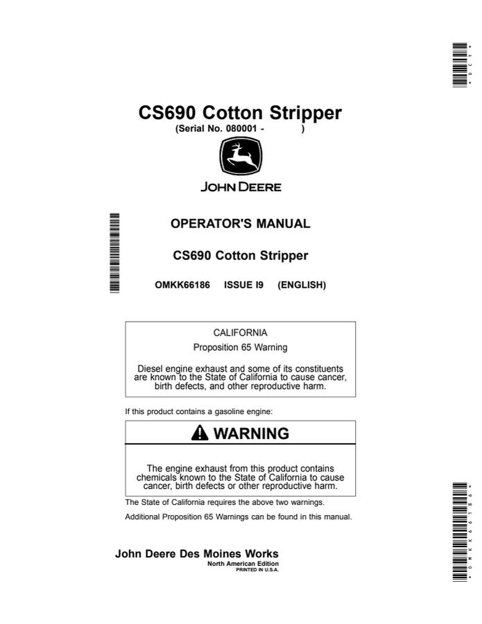 John Deere CS690 Cotton stripper Operator manual OMKK66186 — actual manual cover